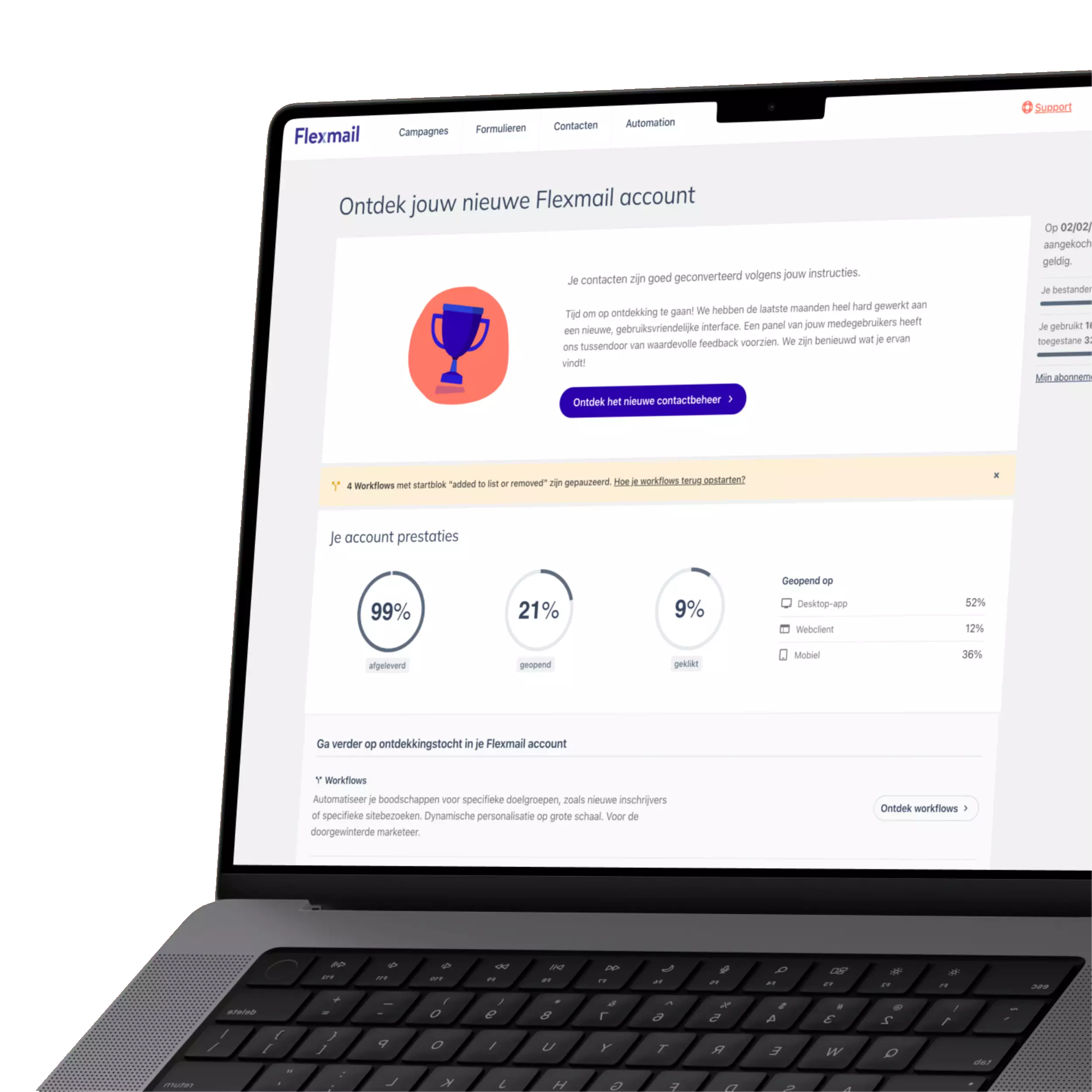 The redesigned Flexmail account welcome screen, pointing new users to the new contact management, with account performance stats