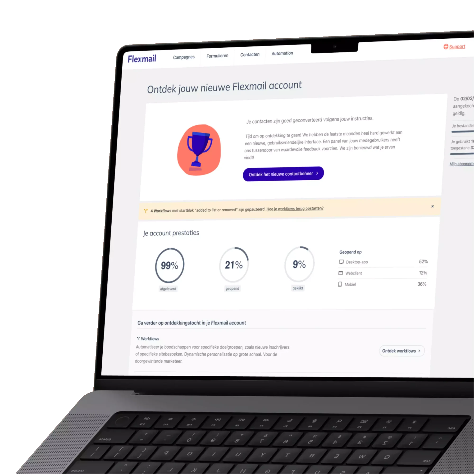 The redesigned Flexmail account welcome screen, pointing new users to the new contact management, with account performance stats
