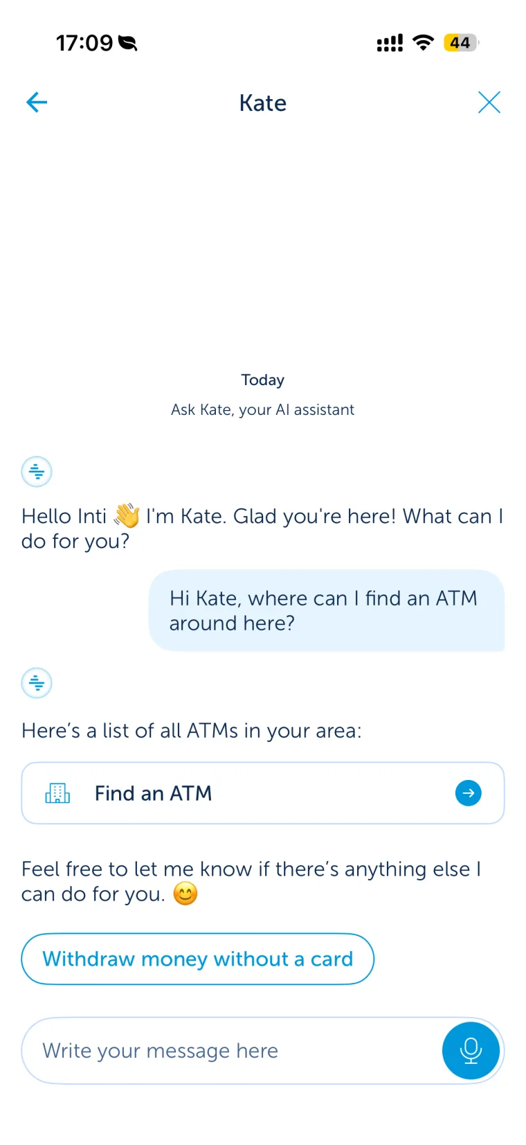 Kate chat: a user asks where to find an ATM nearby and Kate replies with a 'Find an ATM' action