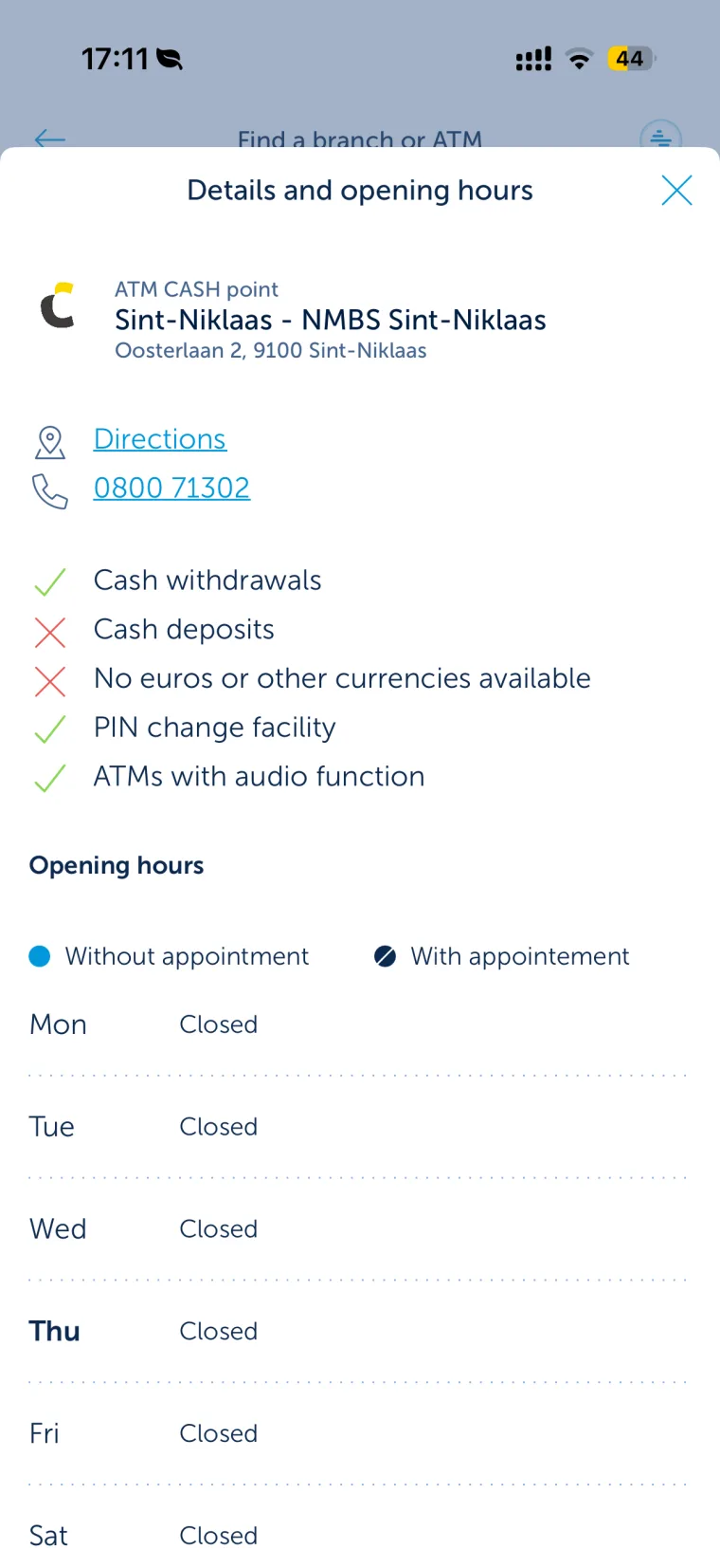 An ATM detail view: address, directions, opening hours, and capabilities including cash withdrawals, PIN change, and audio function