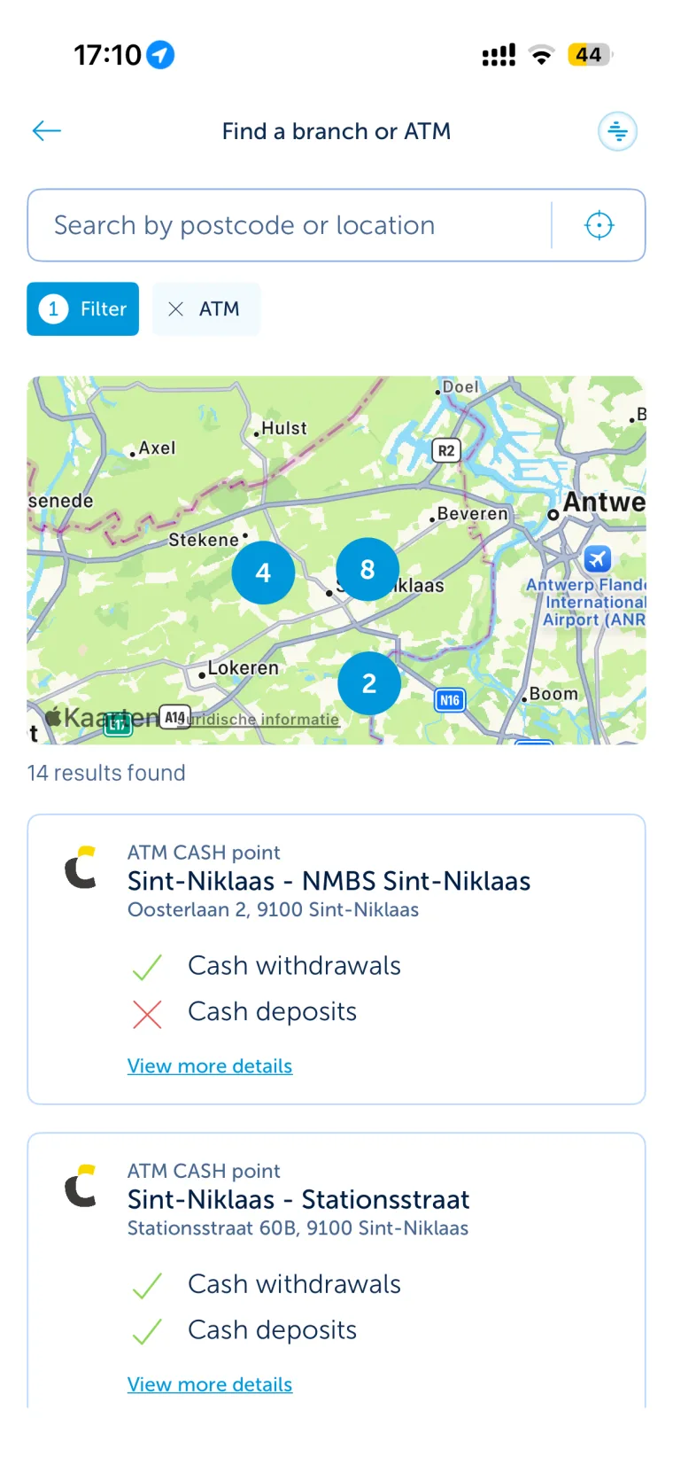 The ATM locator: nearby KBC cash points clustered on a map of the Sint-Niklaas area, with a list of results below