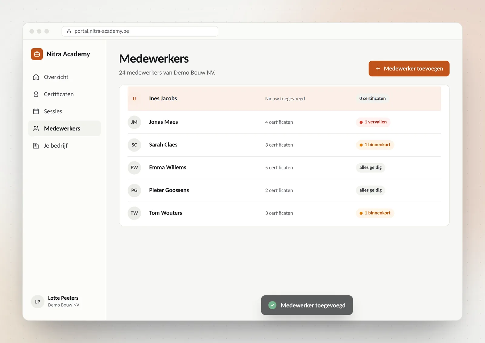 The team list in the portal, with the button to add an employee and a confirmation that one was added.