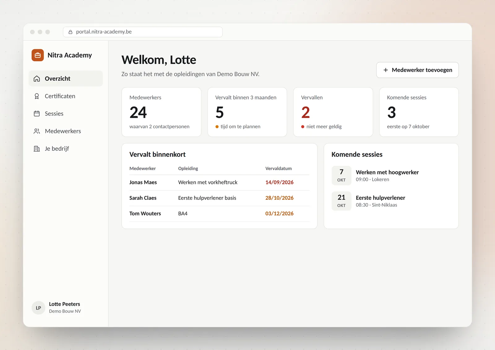 The company overview in the portal: employees, certificates expiring soon, and upcoming sessions.