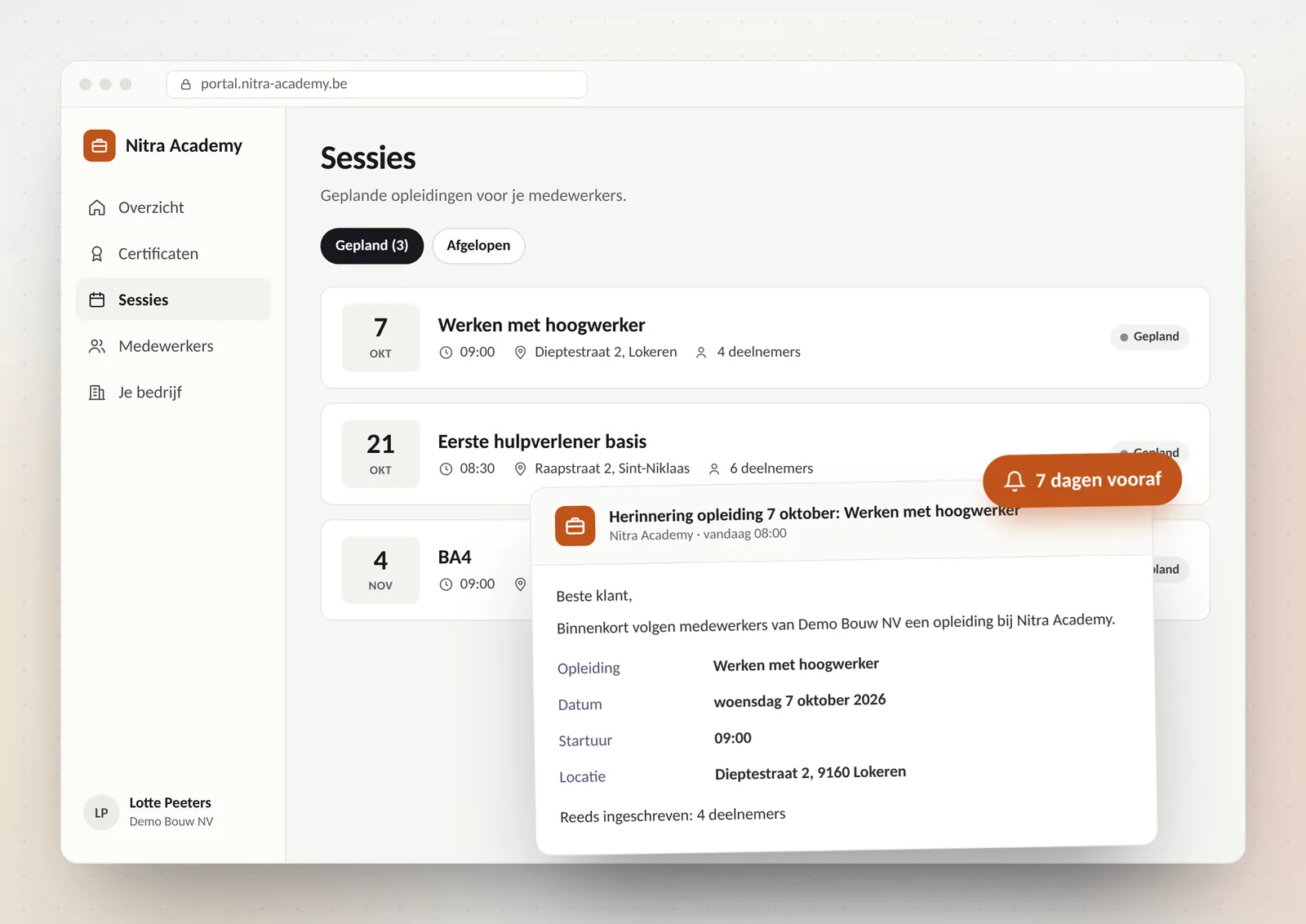 A planned session with the automatic reminder mail sent seven days ahead.