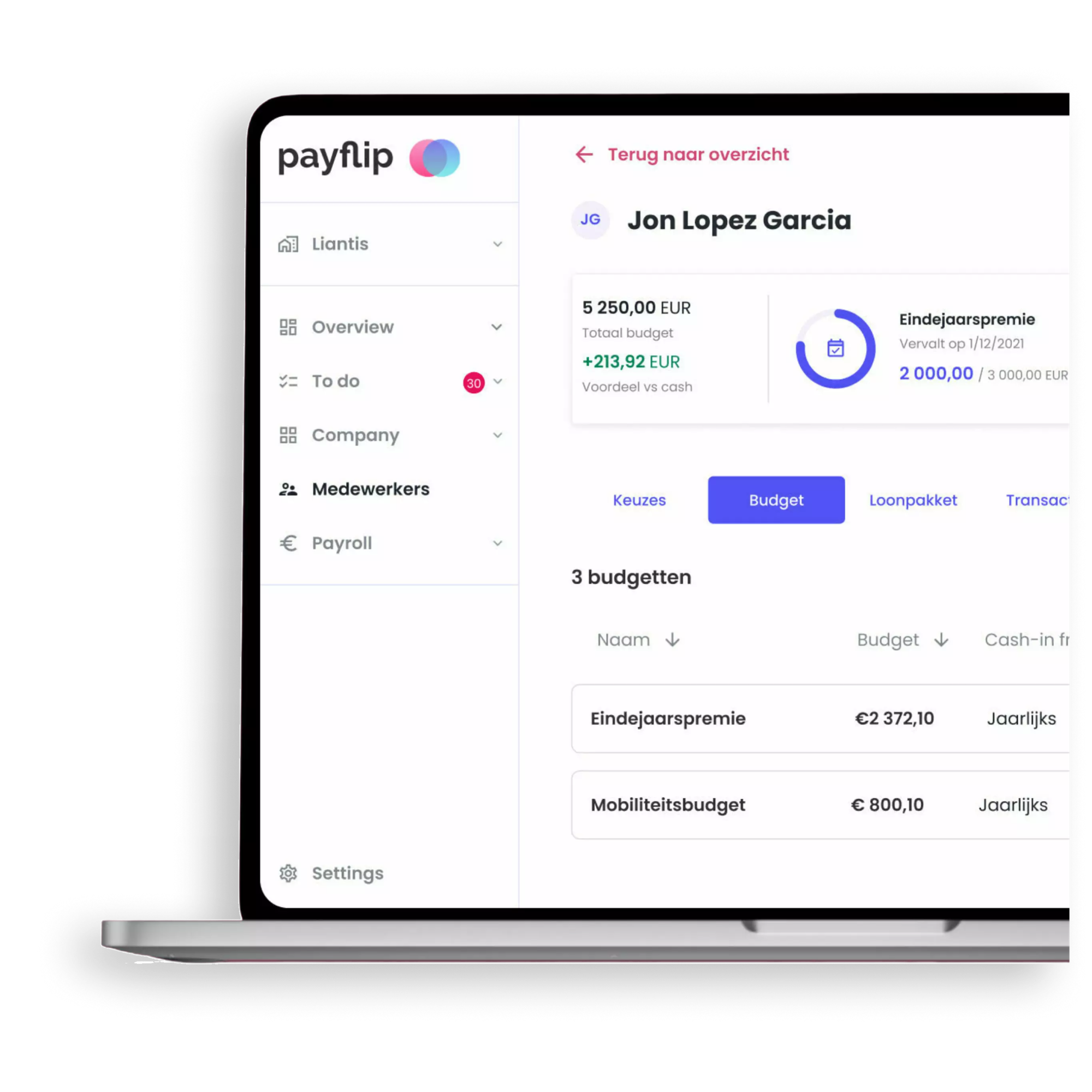 The Payflip platform showing an employee's flexible compensation budgets, with a sidebar and budget overview