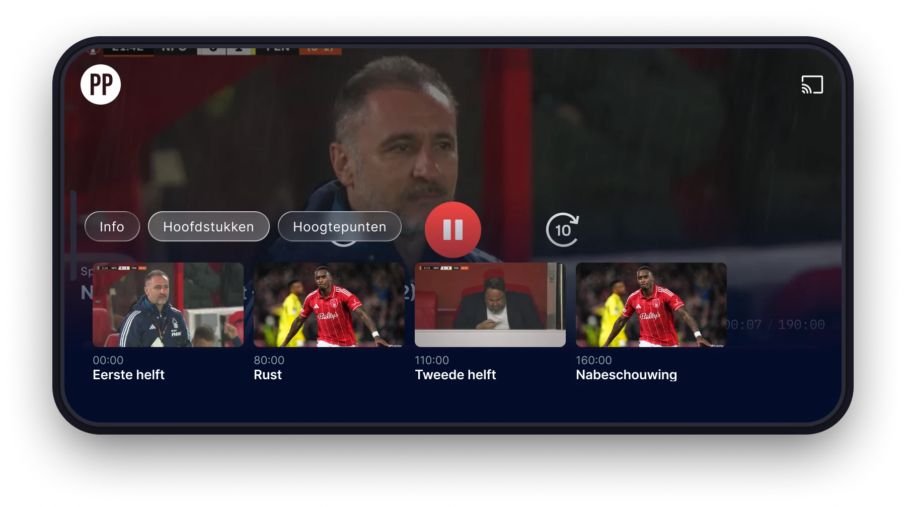 VRT MAX player Chapters view, with thumbnails for Eerste helft, Rust, Tweede helft and Nabeschouwing along the bottom