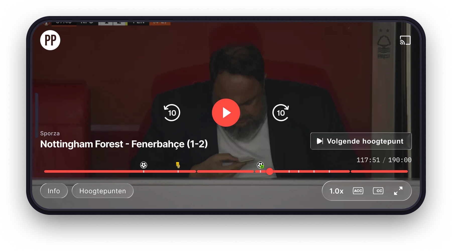 VRT MAX player with highlights marked on the timeline, a goal, a yellow card and a penalty, plus a 'Volgende hoogtepunt' next-highlight button