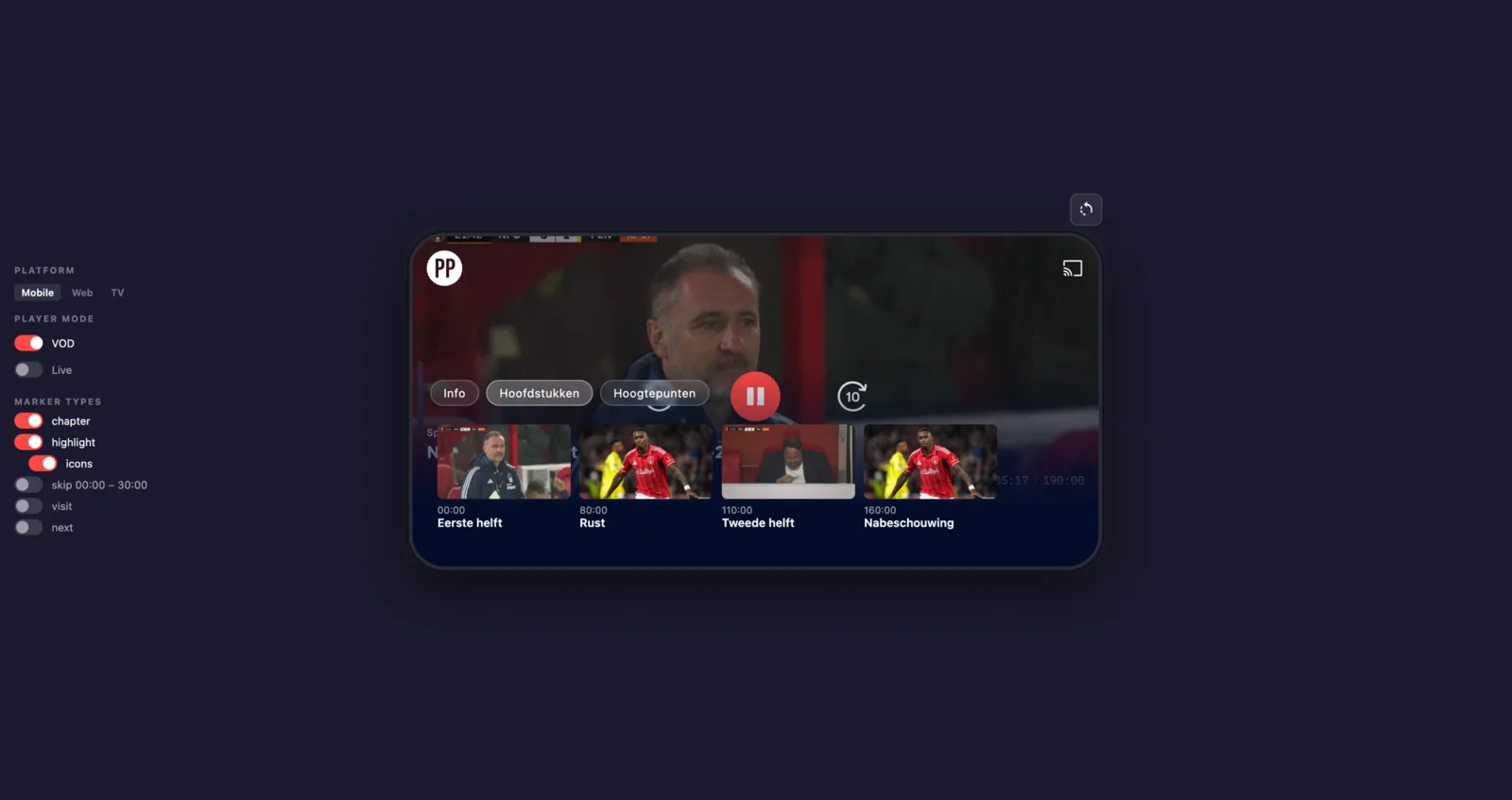 The interactive prototype: a control panel on the left toggles platform (Mobile, Web, TV), player mode (VOD, Live), and marker types (chapter, highlight, icons, skip, visit, next), with the live player preview on the right