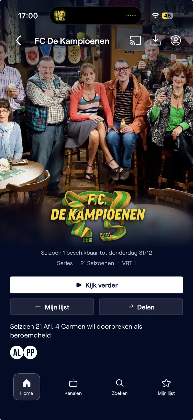 FC De Kampioenen detail page on VRT MAX, with a Delen (share) button